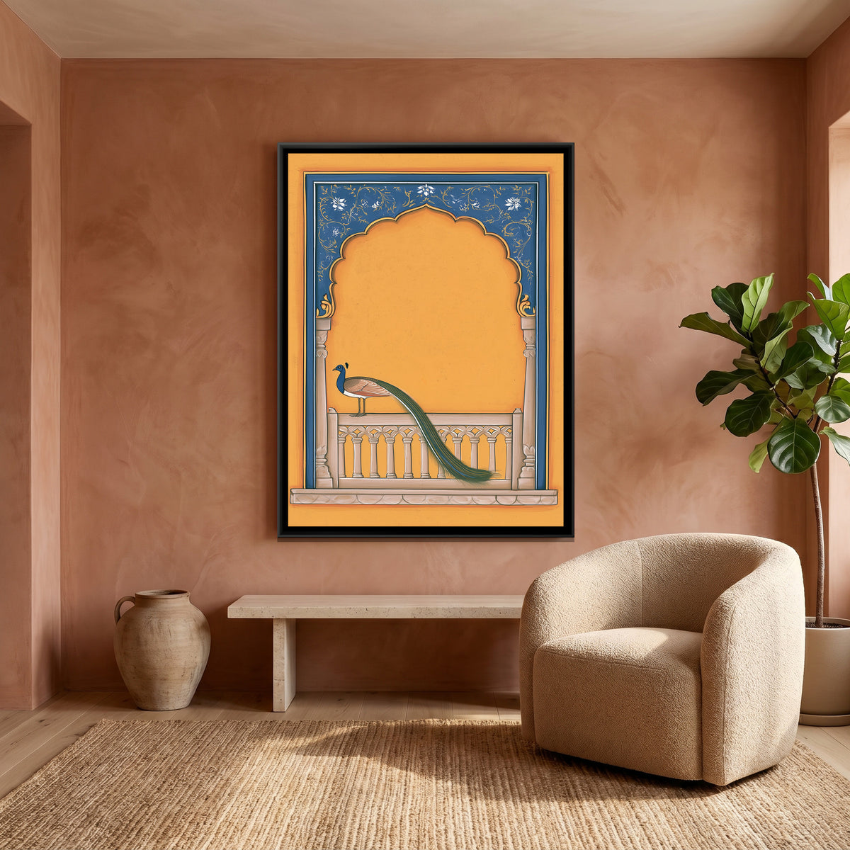 Peacock on Balcony — canvas art shown in a second room setting