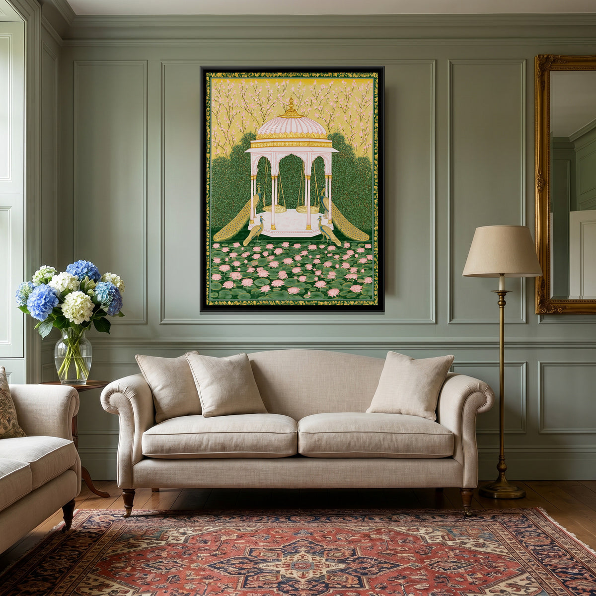 Pichwai Pavilion with Peacocks — canvas art shown in a styled room