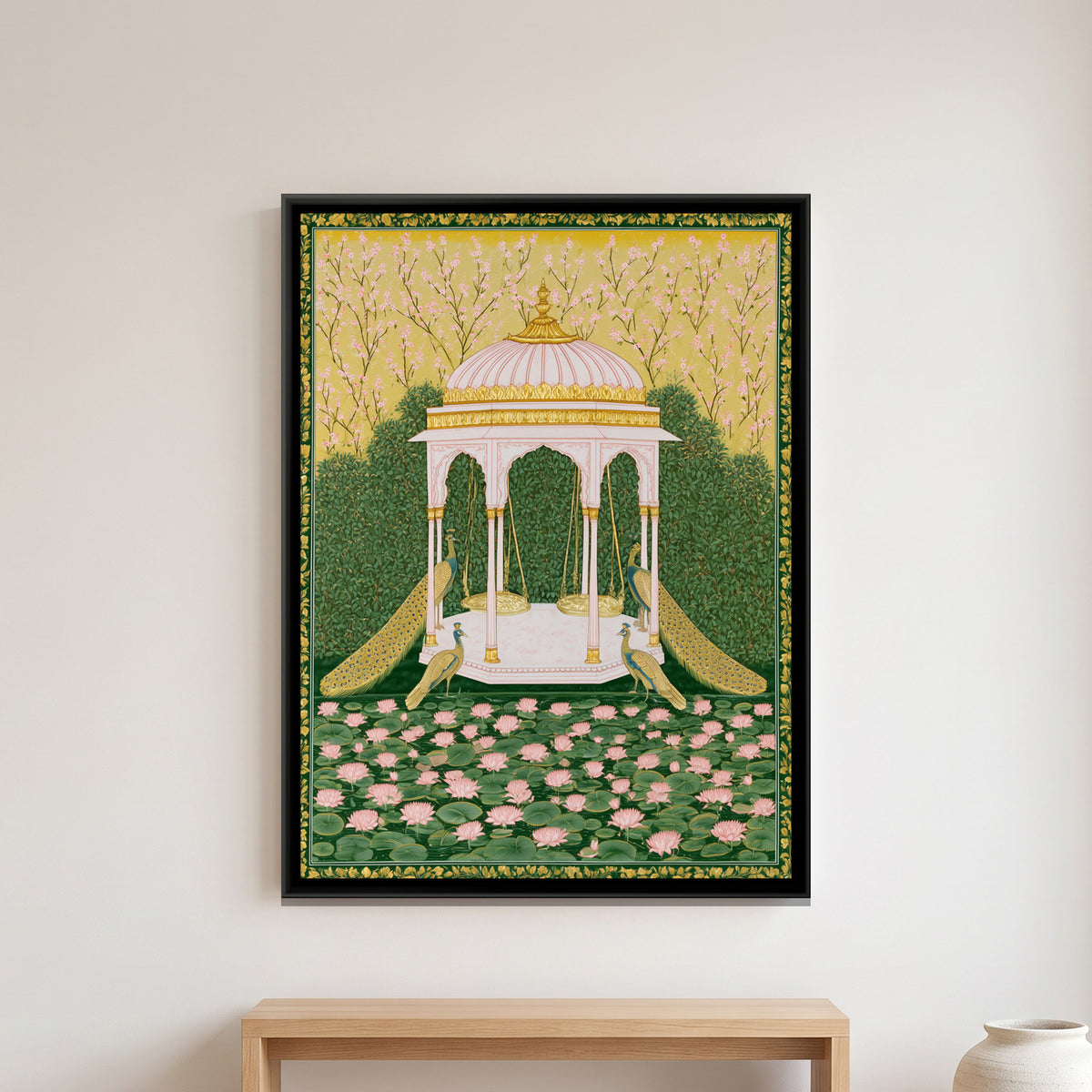 Pichwai Pavilion with Peacocks — framed canvas art hung on a wall