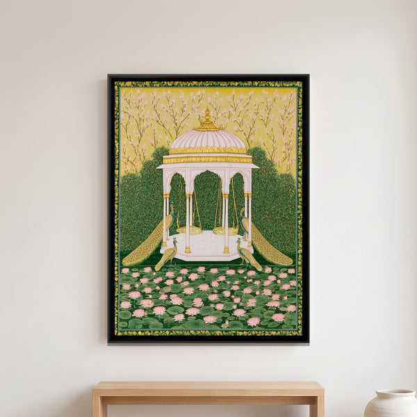 Pichwai Pavilion with Peacocks — framed canvas art hung on a wall
