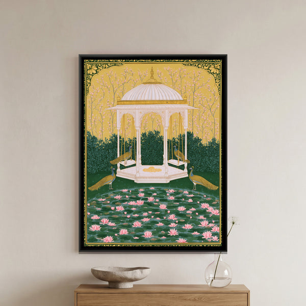 Pichwai Pavilion with Peacocks — framed canvas art hung on a wall