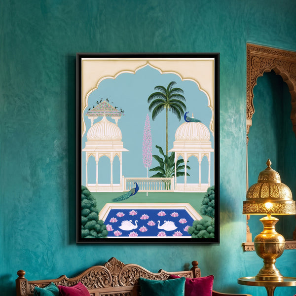 Mughal Garden with Peacocks — framed canvas art hung on a wall
