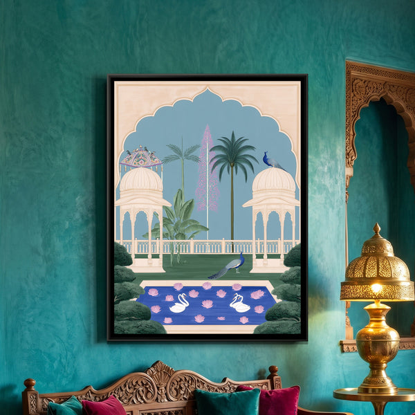 Mughal Garden with Peacocks — framed canvas art hung on a wall