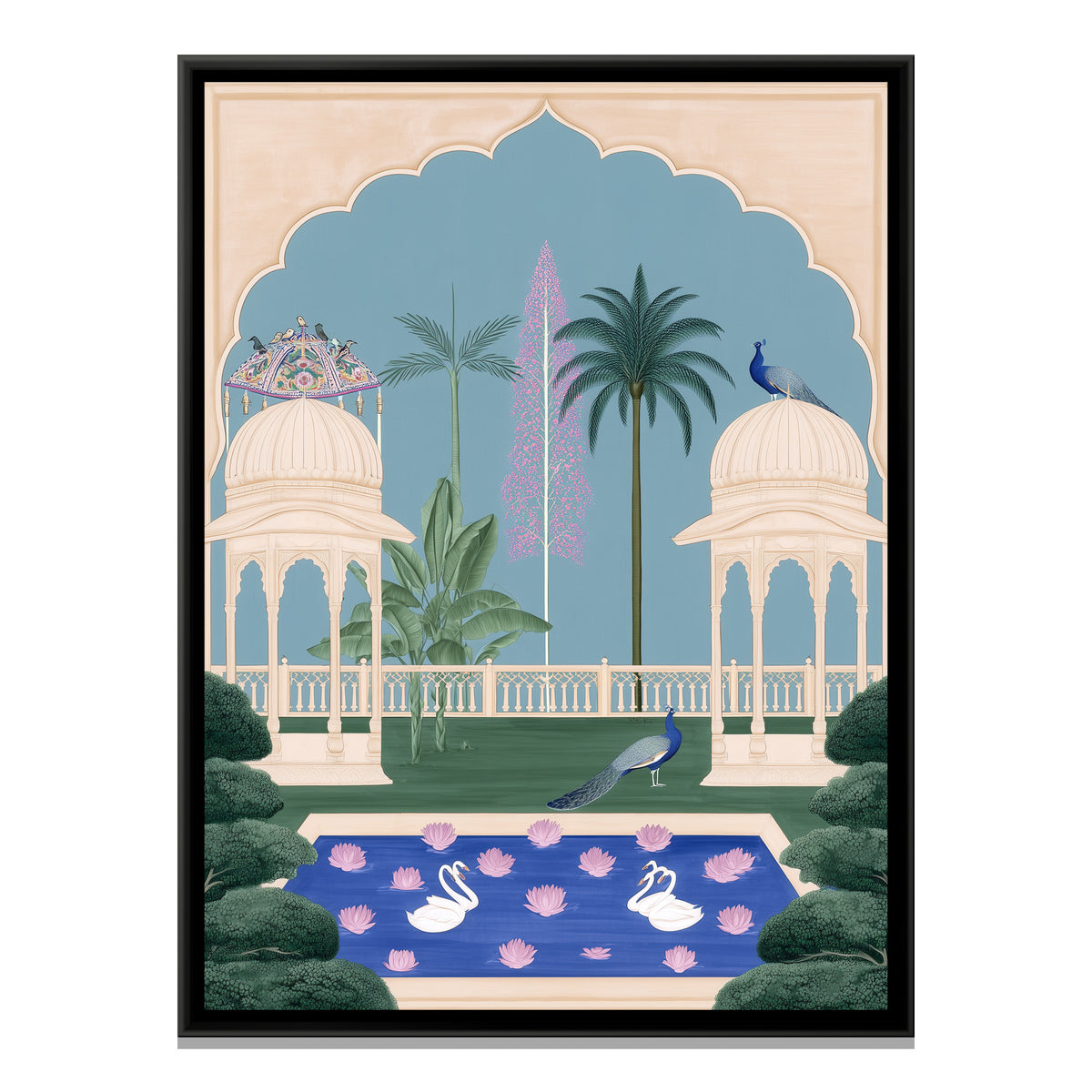 Mughal Garden with Peacocks — framed canvas print, front view