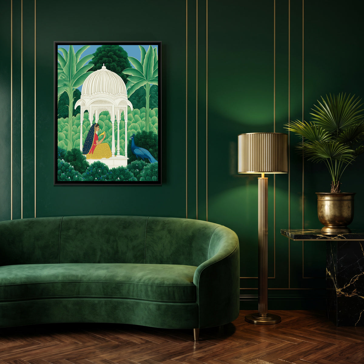 Woman in a Pavilion — canvas art shown in a second room setting