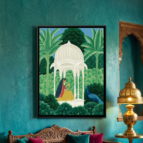 Woman in a Pavilion — framed canvas art hung on a wall