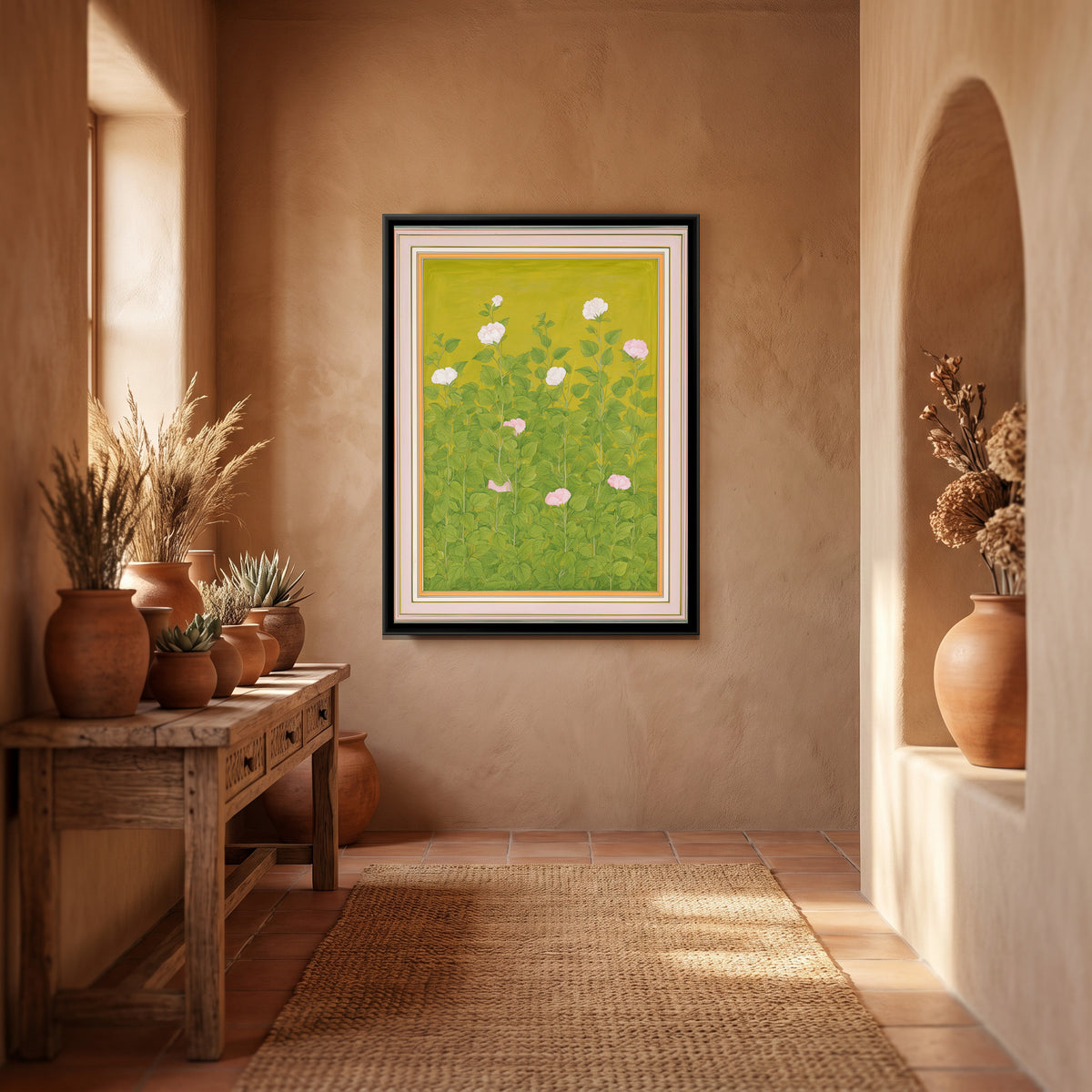 Mughal Hibiscus — canvas art shown in a styled room
