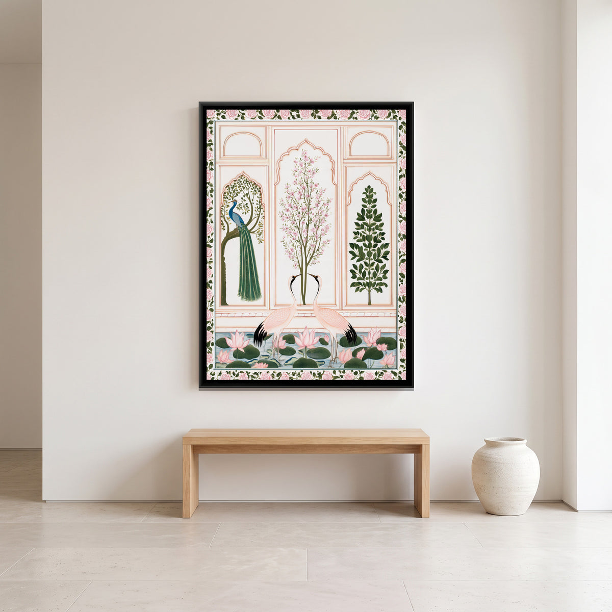 Mughal Cranes and Peacock — canvas art shown in a second room setting