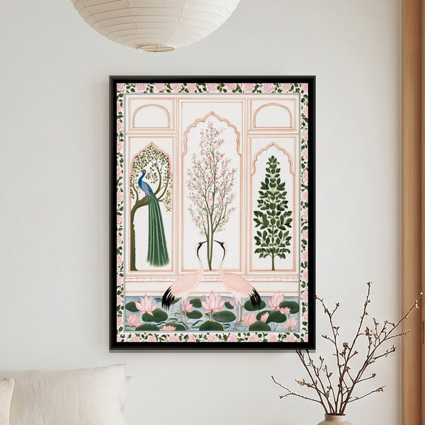 Mughal Cranes and Peacock — framed canvas art hung on a wall