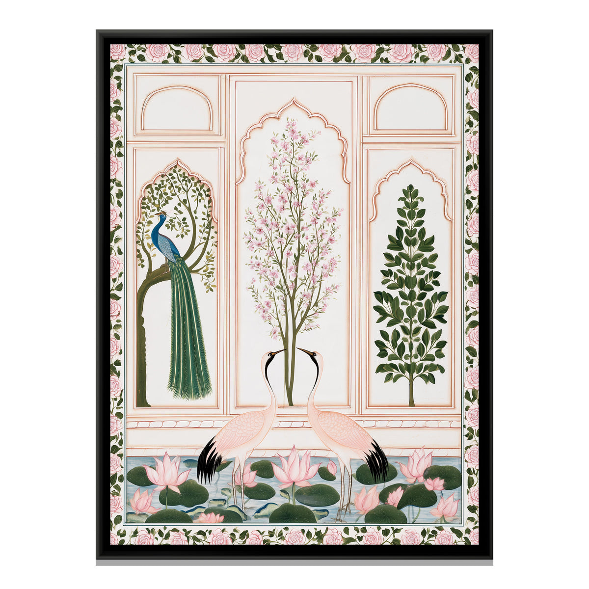 Mughal Cranes and Peacock — framed canvas print, front view