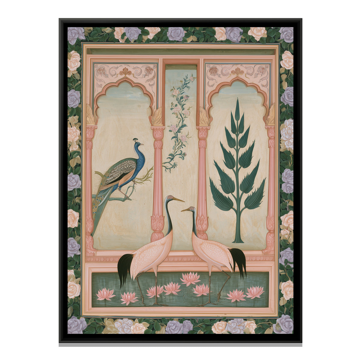Mughal Cranes and Peacock — framed canvas print, front view