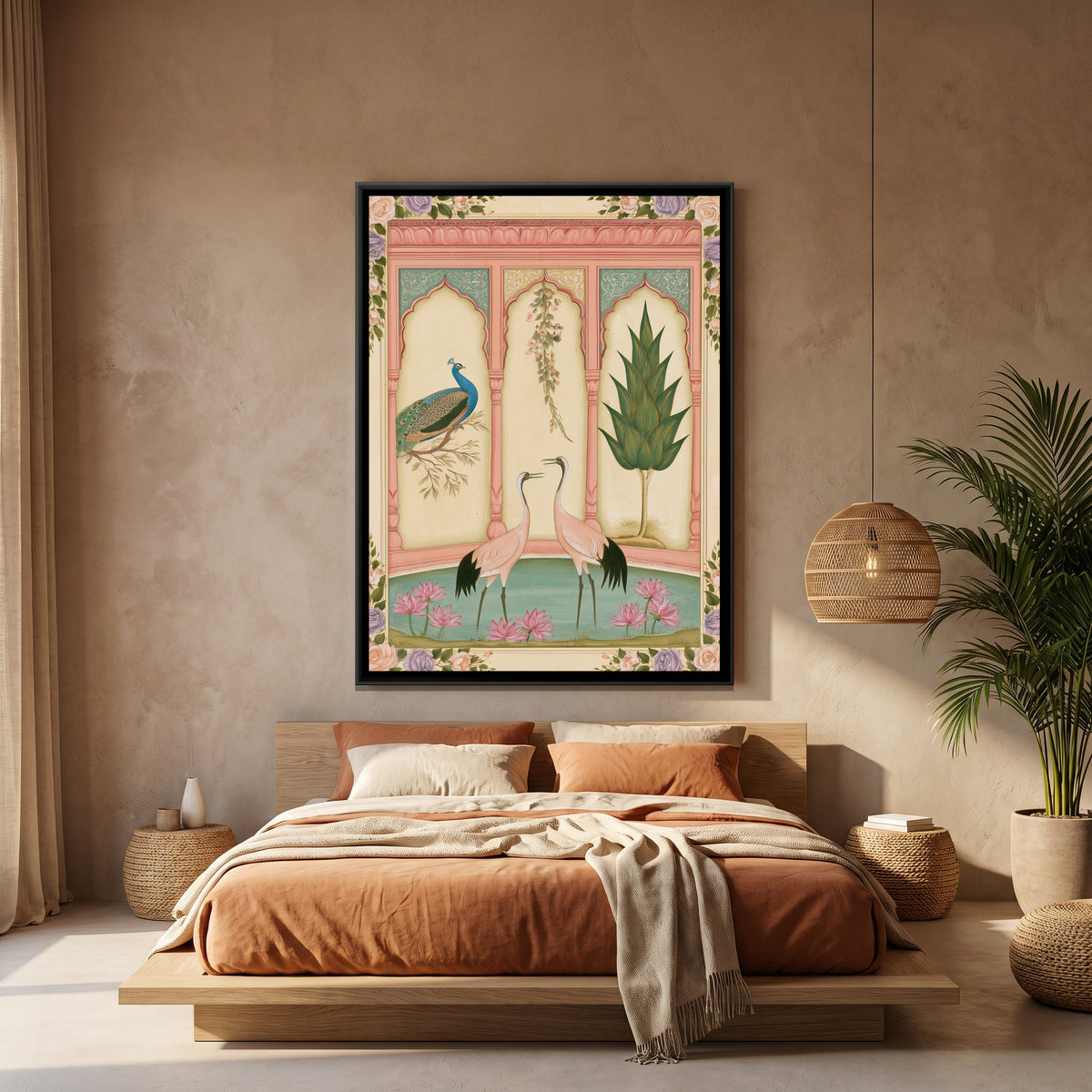 Mughal Cranes and Peacock — canvas art shown in a styled room