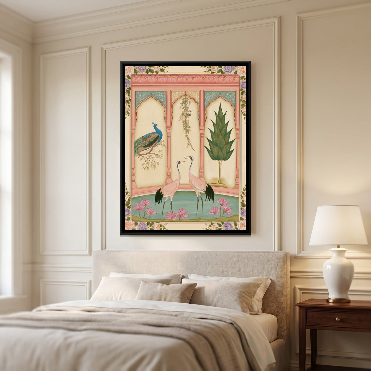 Mughal Cranes and Peacock — canvas art shown in a second room setting