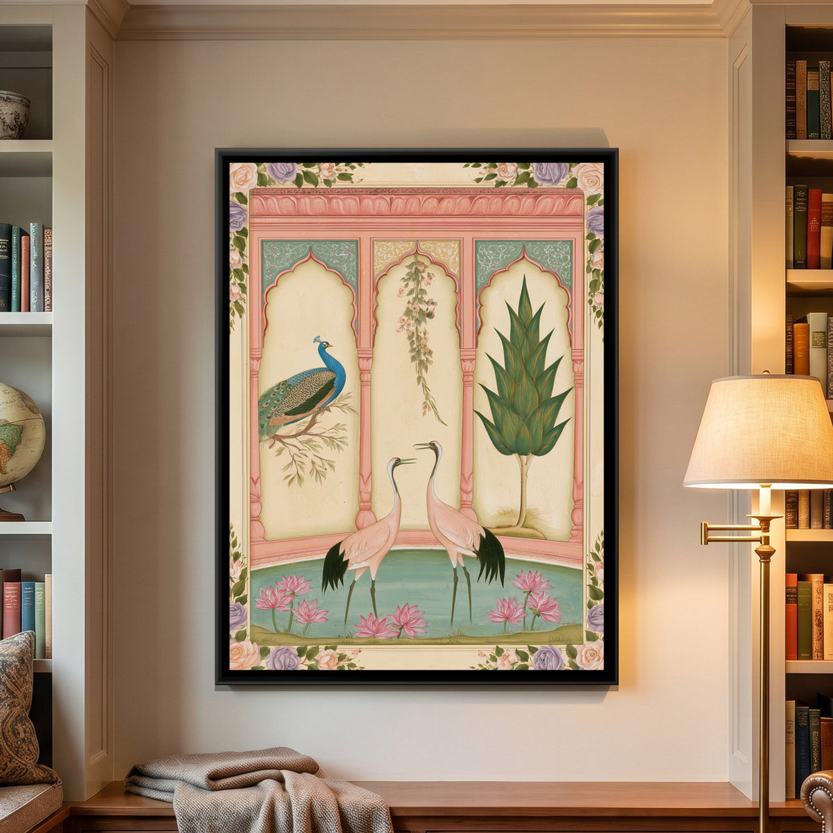 Mughal Cranes and Peacock — framed canvas art hung on a wall