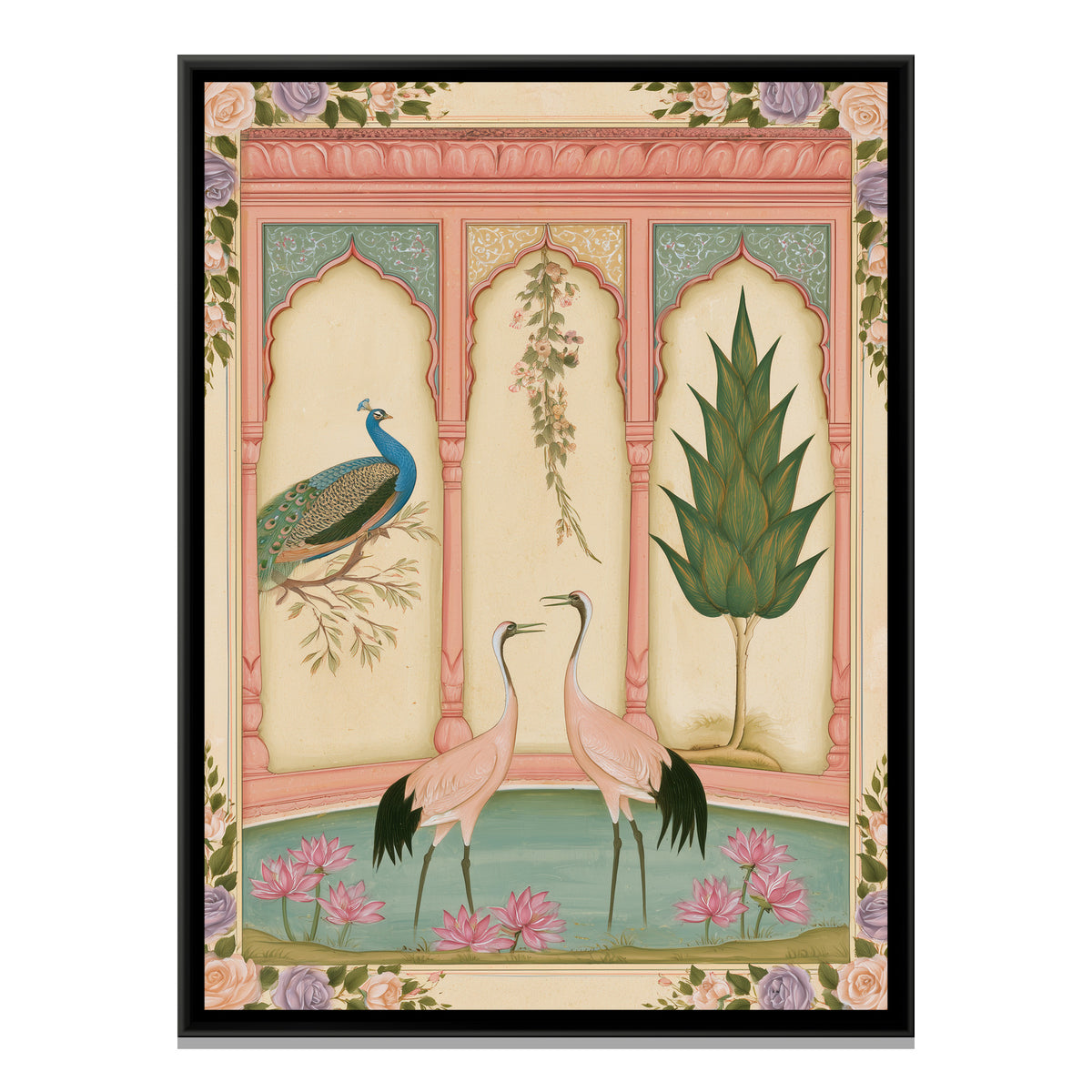 Mughal Cranes and Peacock — framed canvas print, front view