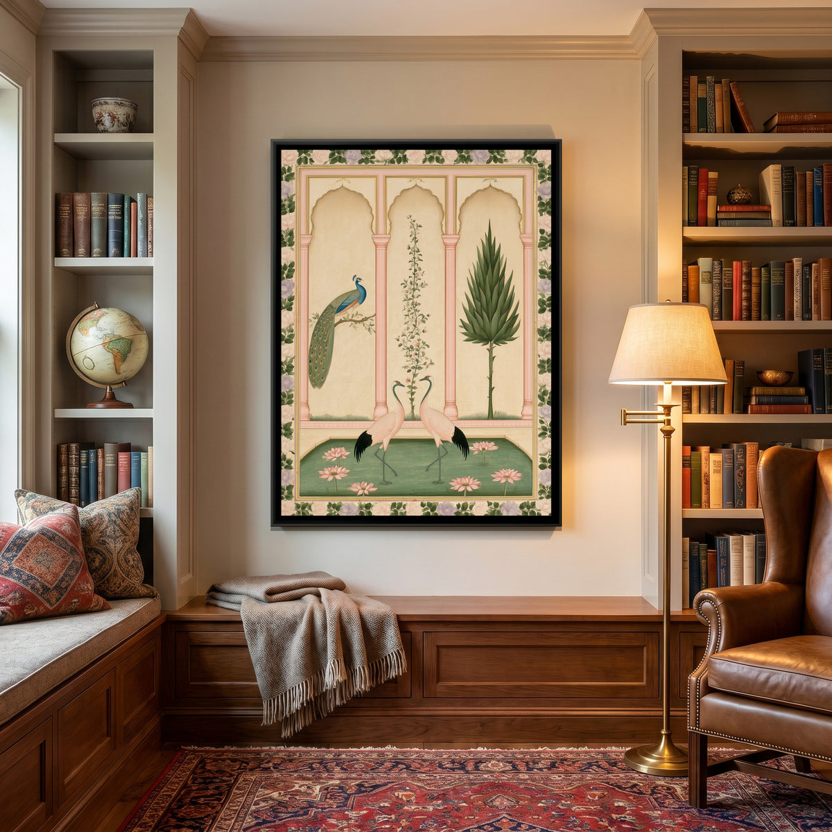 Mughal Cranes and Peacock — canvas art shown in a styled room