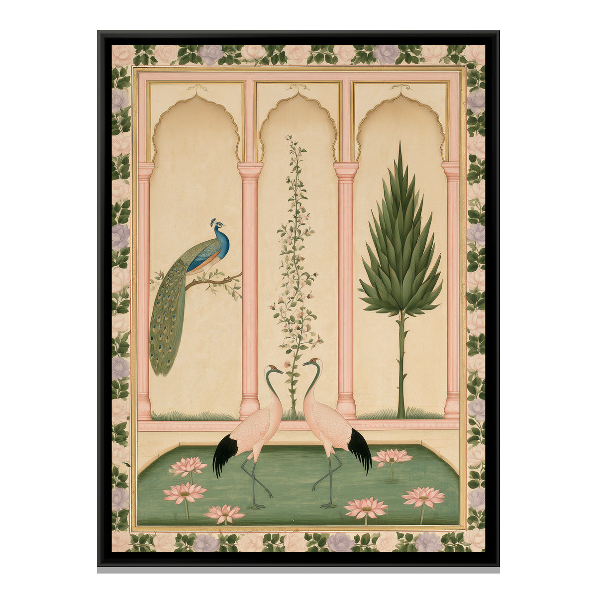 Mughal Cranes and Peacock — framed canvas print, front view