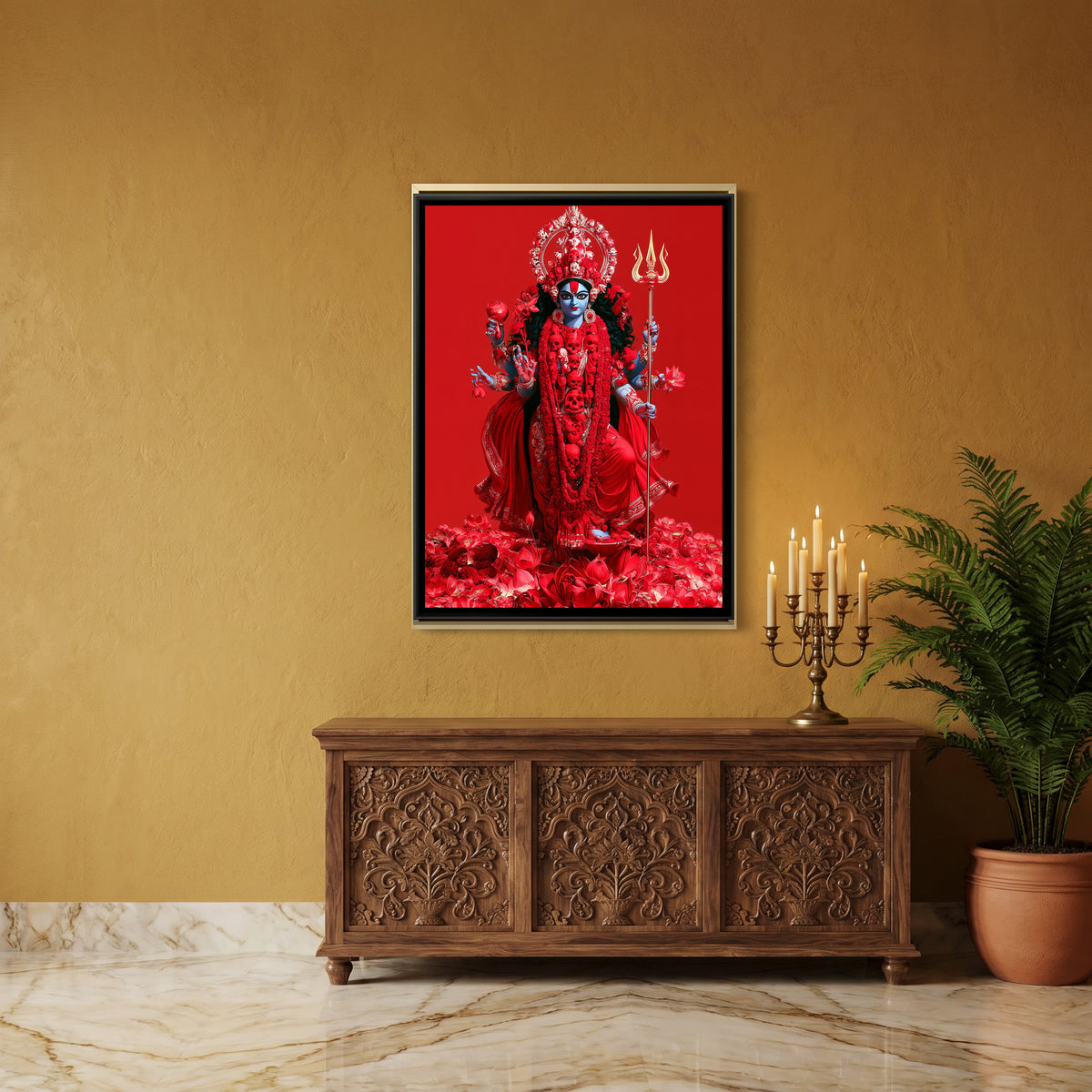 Maa Kali — canvas art shown in a styled room