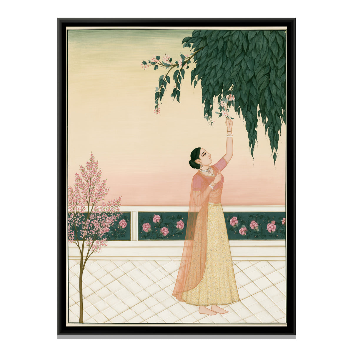 Woman Plucking Flowers — framed canvas print, front view