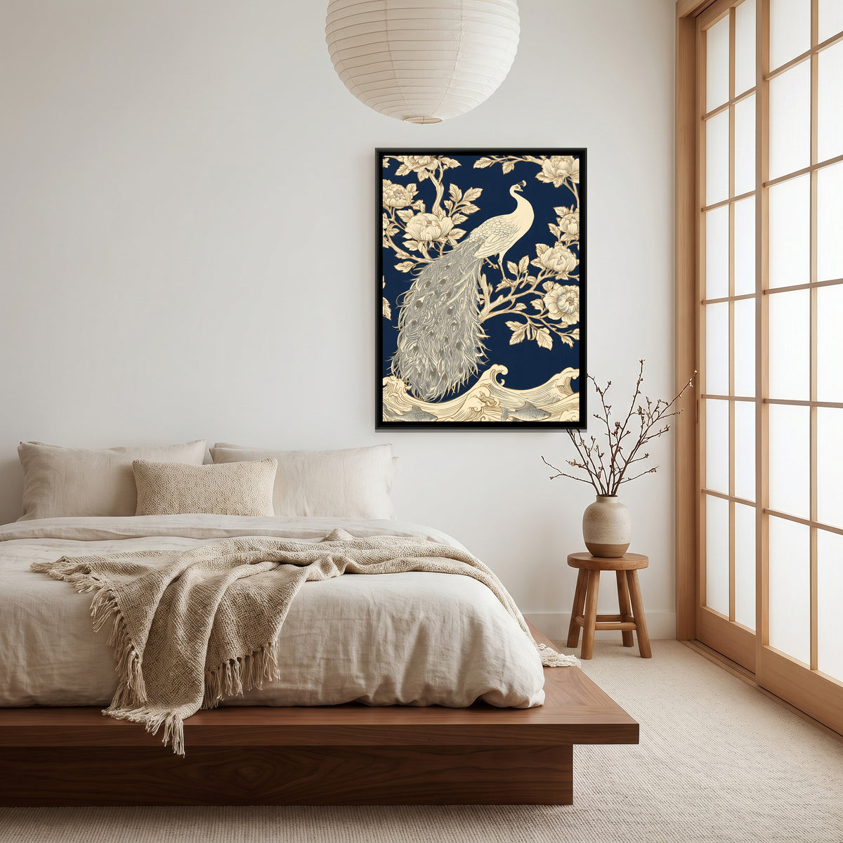 White Peacock — canvas art shown in a second room setting