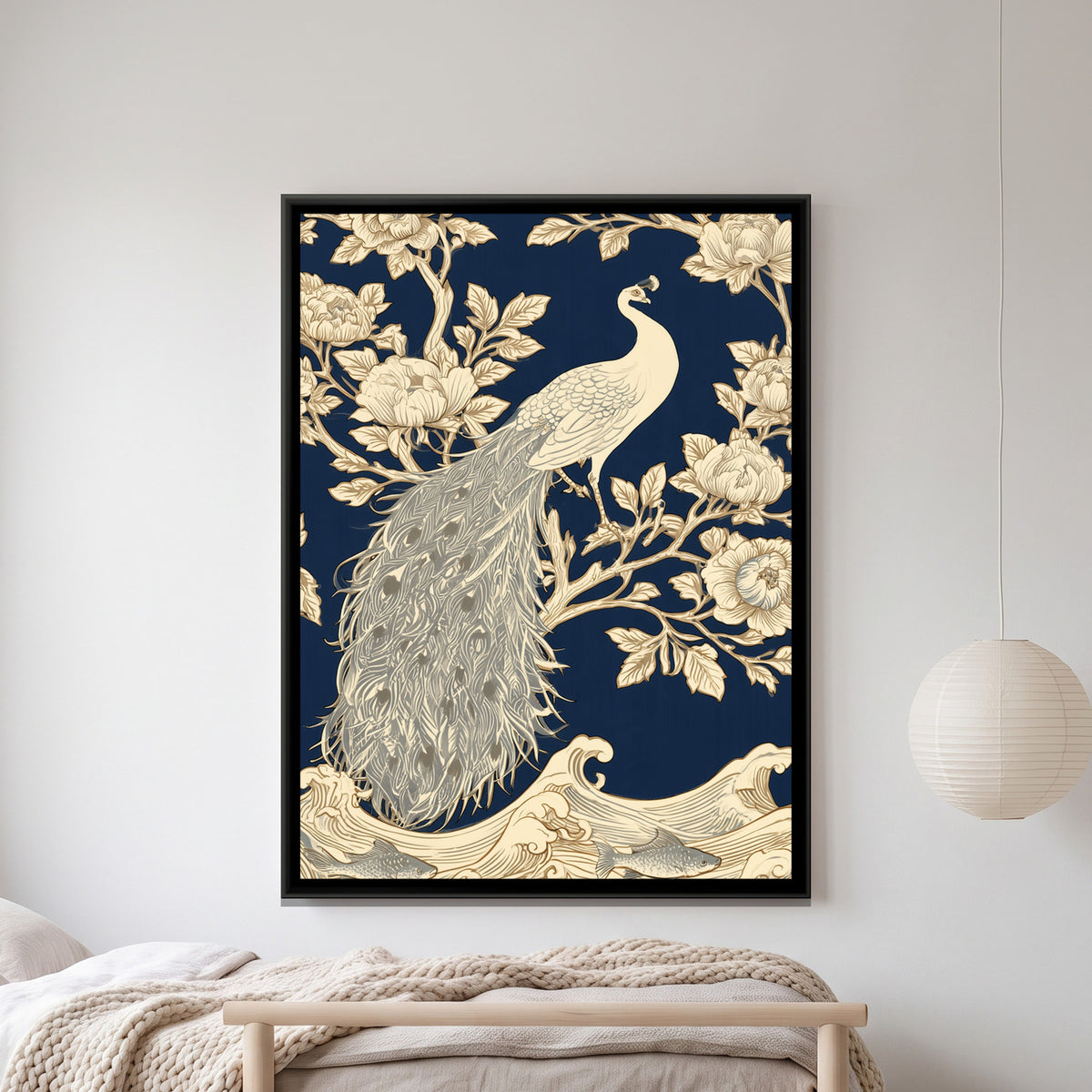 White Peacock — framed canvas art hung on a wall