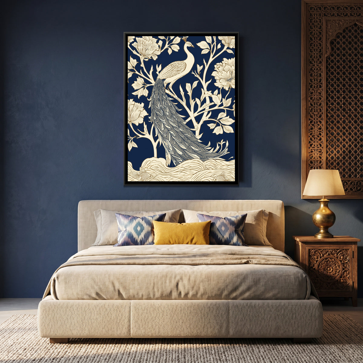 White Peacock — canvas art shown in a second room setting