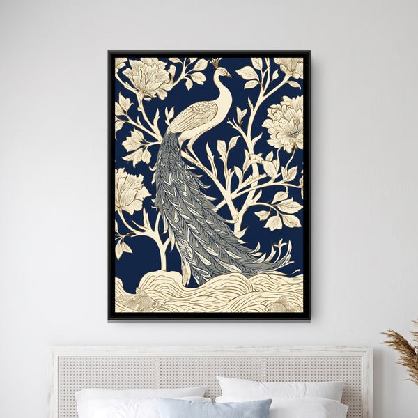 White Peacock — framed canvas art hung on a wall
