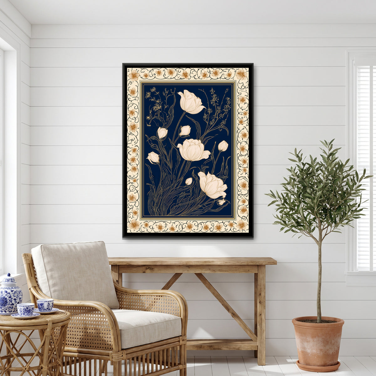 Mughal Tulips — canvas art shown in a styled room