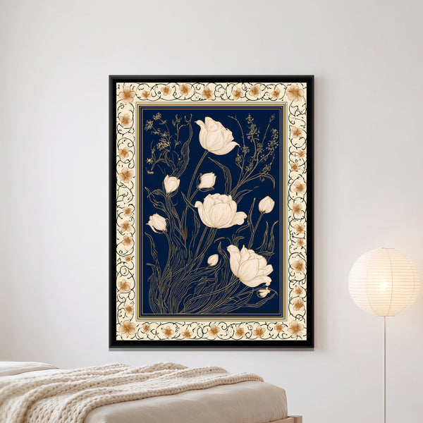Mughal Tulips — framed canvas art hung on a wall