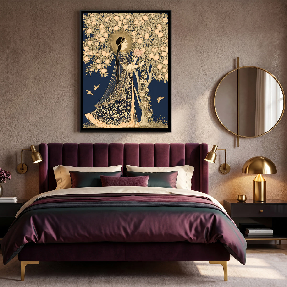 Woman with a Lotus — canvas art shown in a second room setting