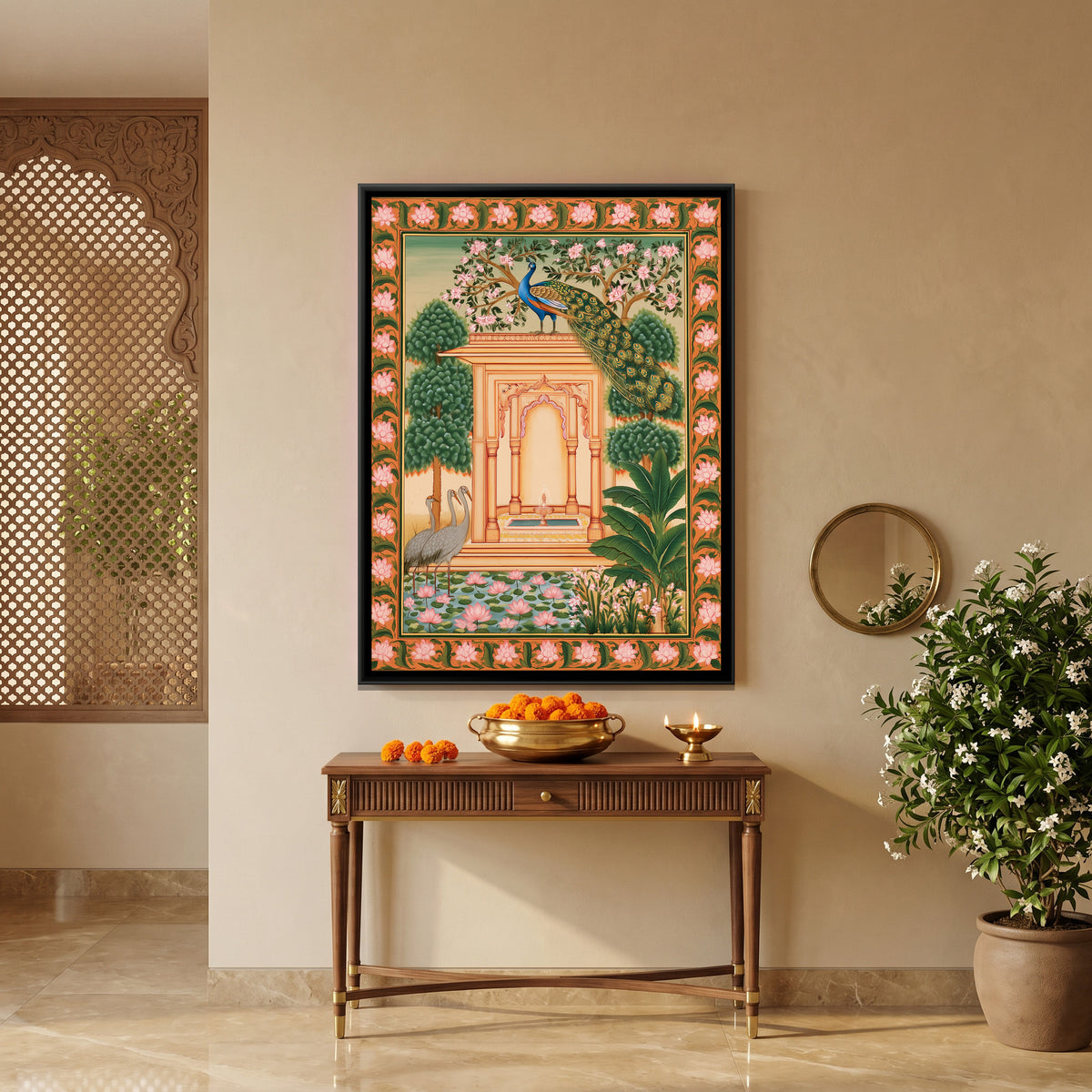 Pichwai Peacock Garden — canvas art shown in a styled room