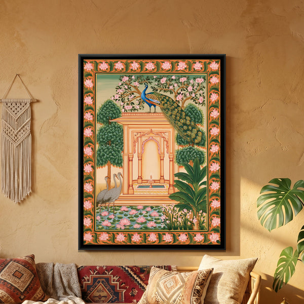 Pichwai Peacock Garden — framed canvas art hung on a wall