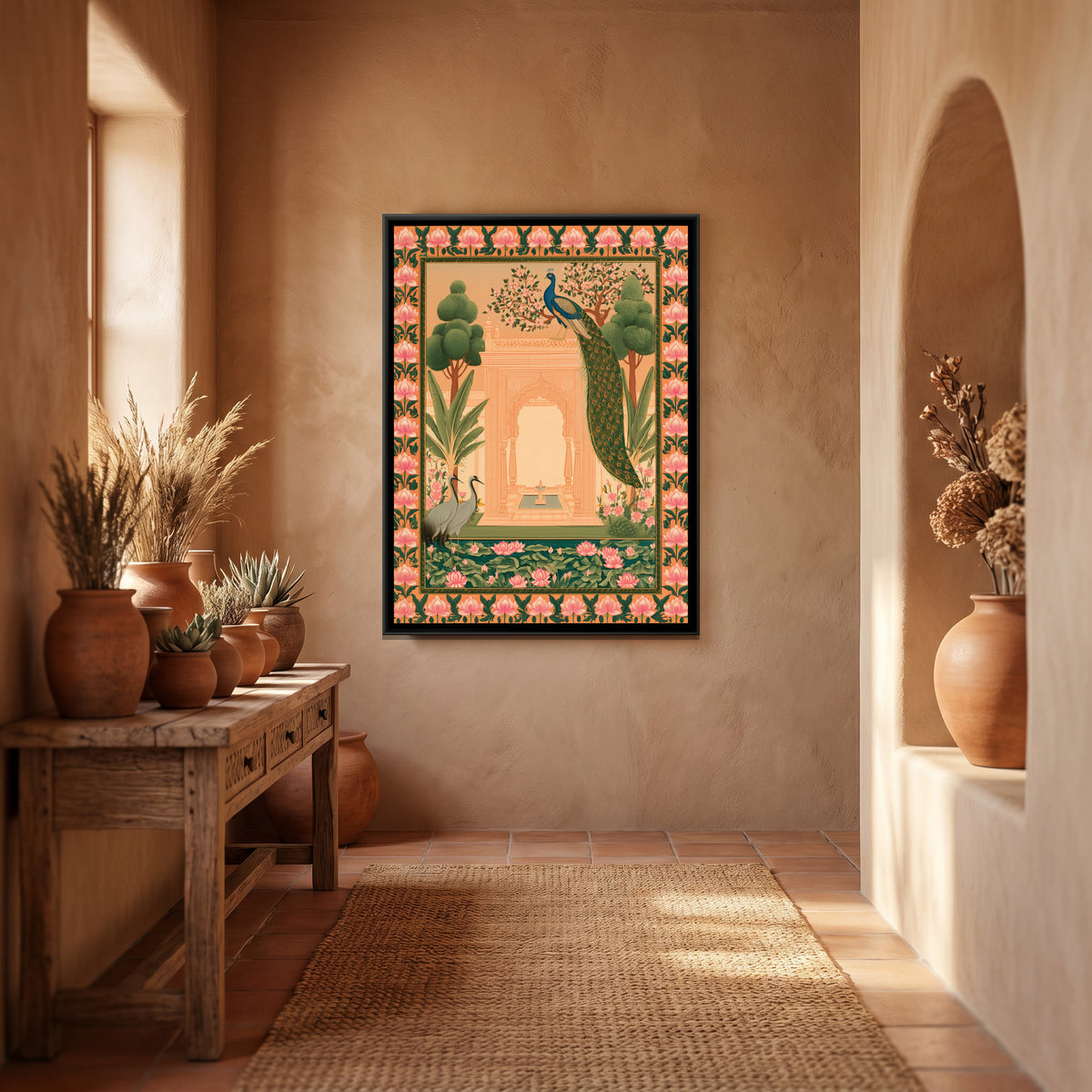 Pichwai Peacock Garden — canvas art shown in a styled room