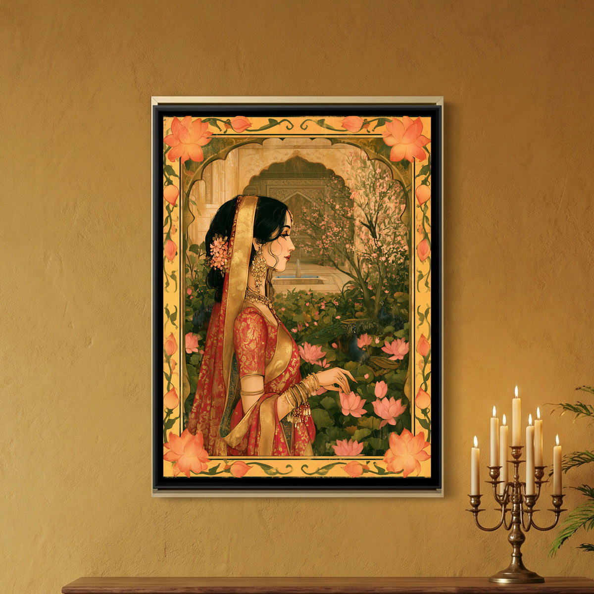 Woman among Lotuses — framed canvas art hung on a wall