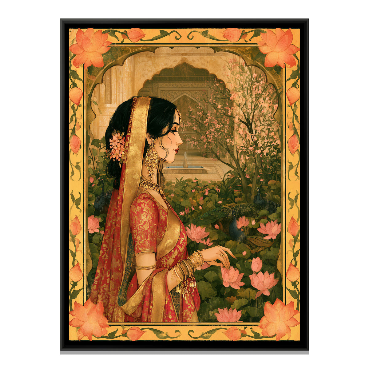Woman among Lotuses — framed canvas print, front view