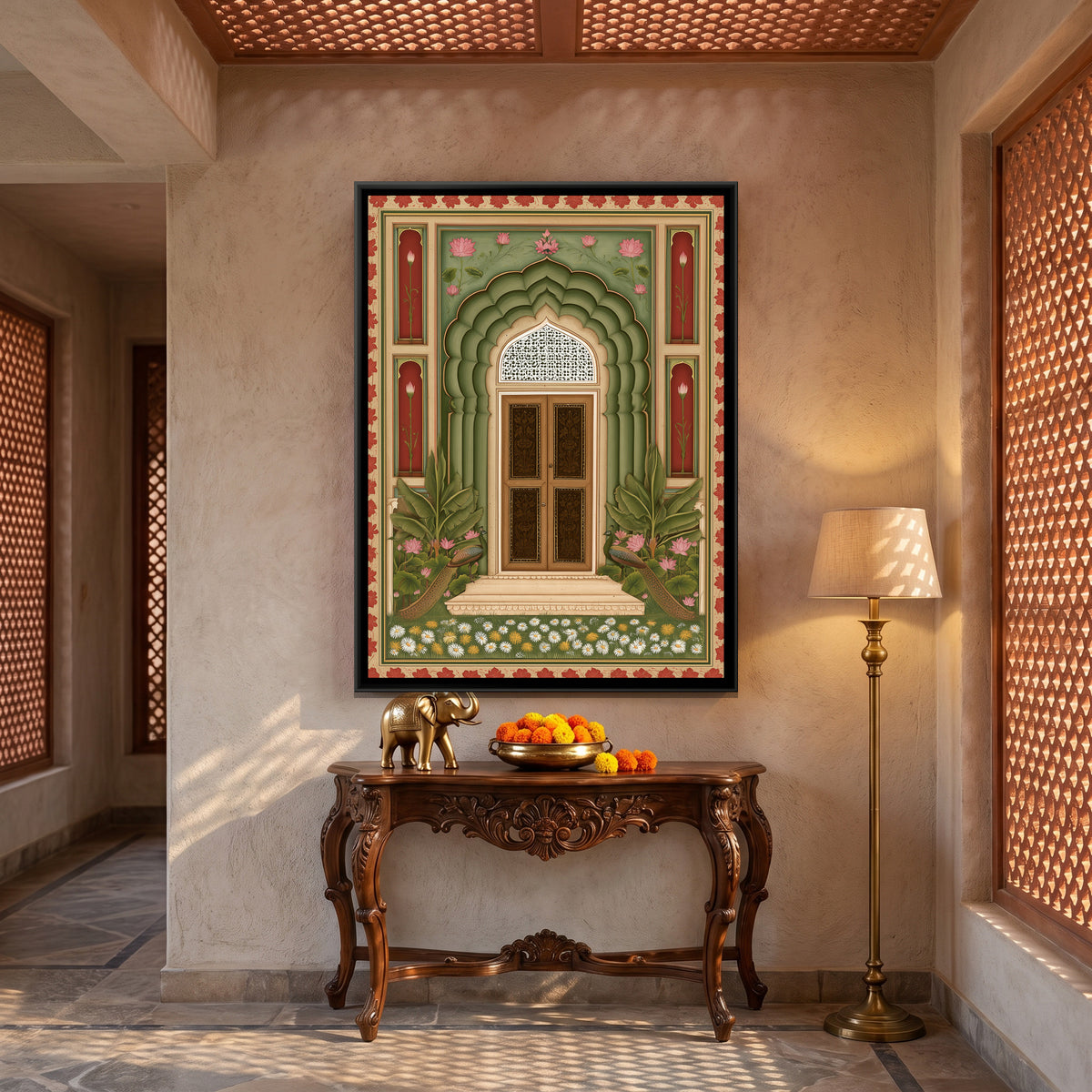 Mughal Door with Peacocks — canvas art shown in a second room setting