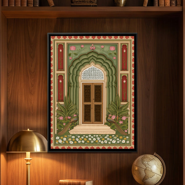Mughal Door with Peacocks — framed canvas art hung on a wall