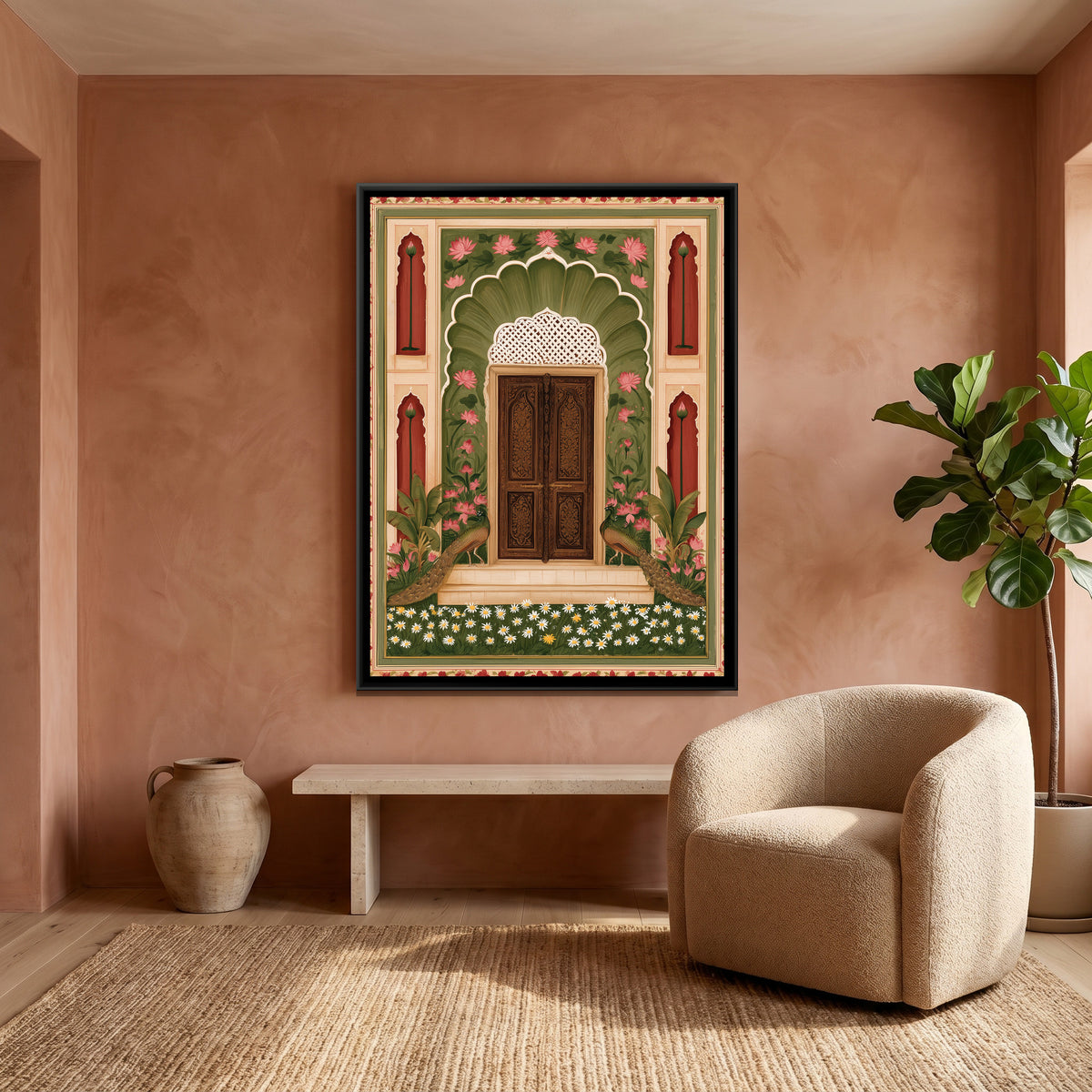 Mughal Door with Peacocks — canvas art shown in a second room setting