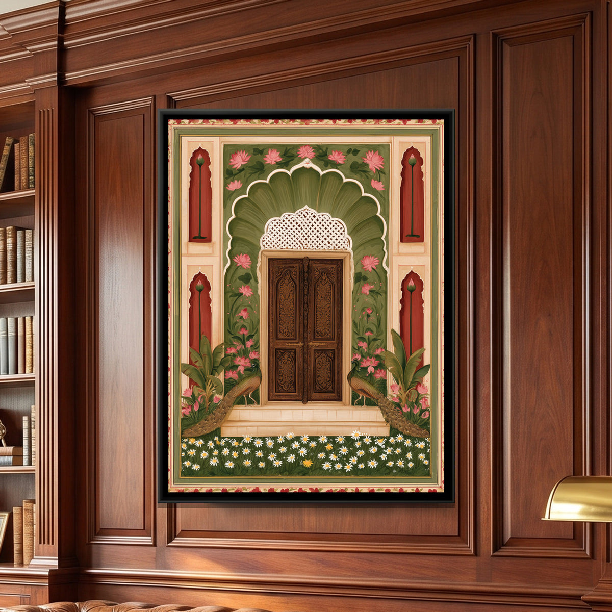 Mughal Door with Peacocks — framed canvas art hung on a wall