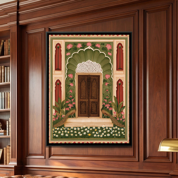 Mughal Door with Peacocks — framed canvas art hung on a wall