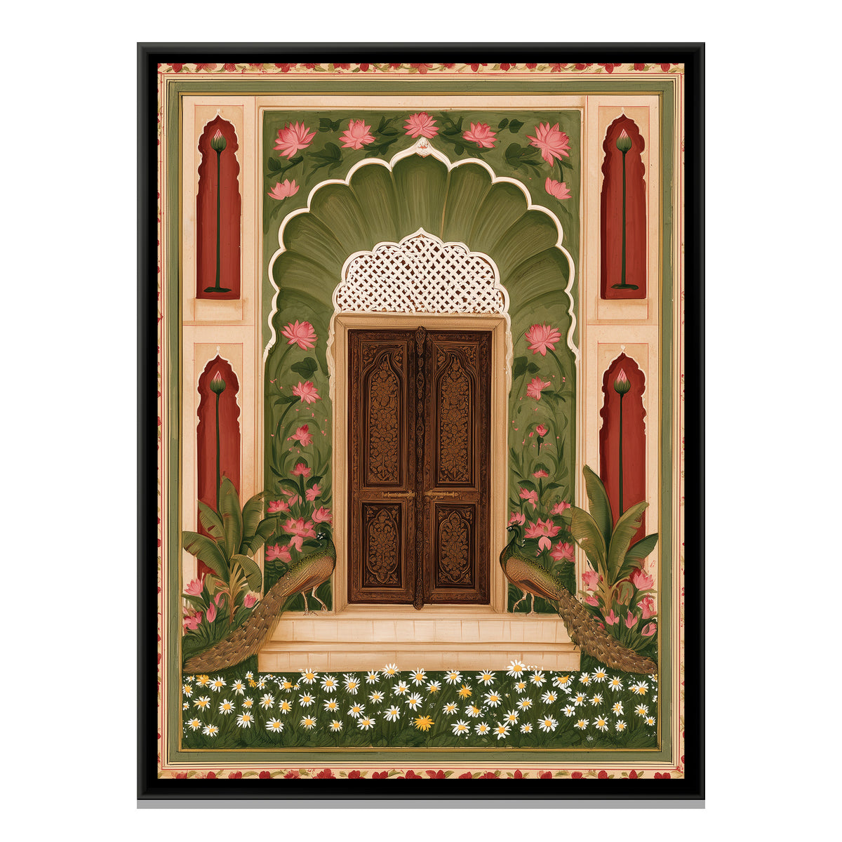 Mughal Door with Peacocks — framed canvas print, front view