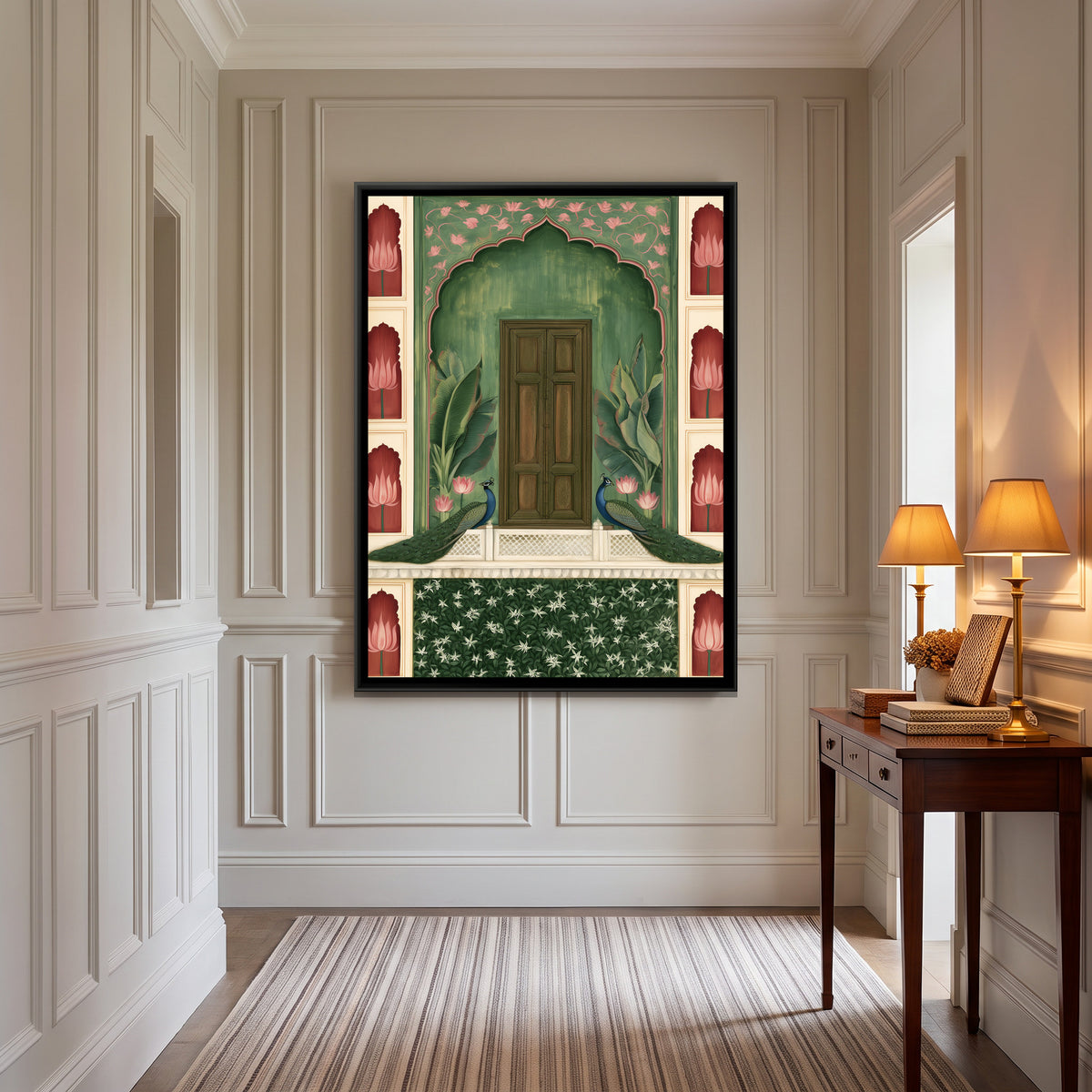 Mughal Door with Peacocks — canvas art shown in a styled room