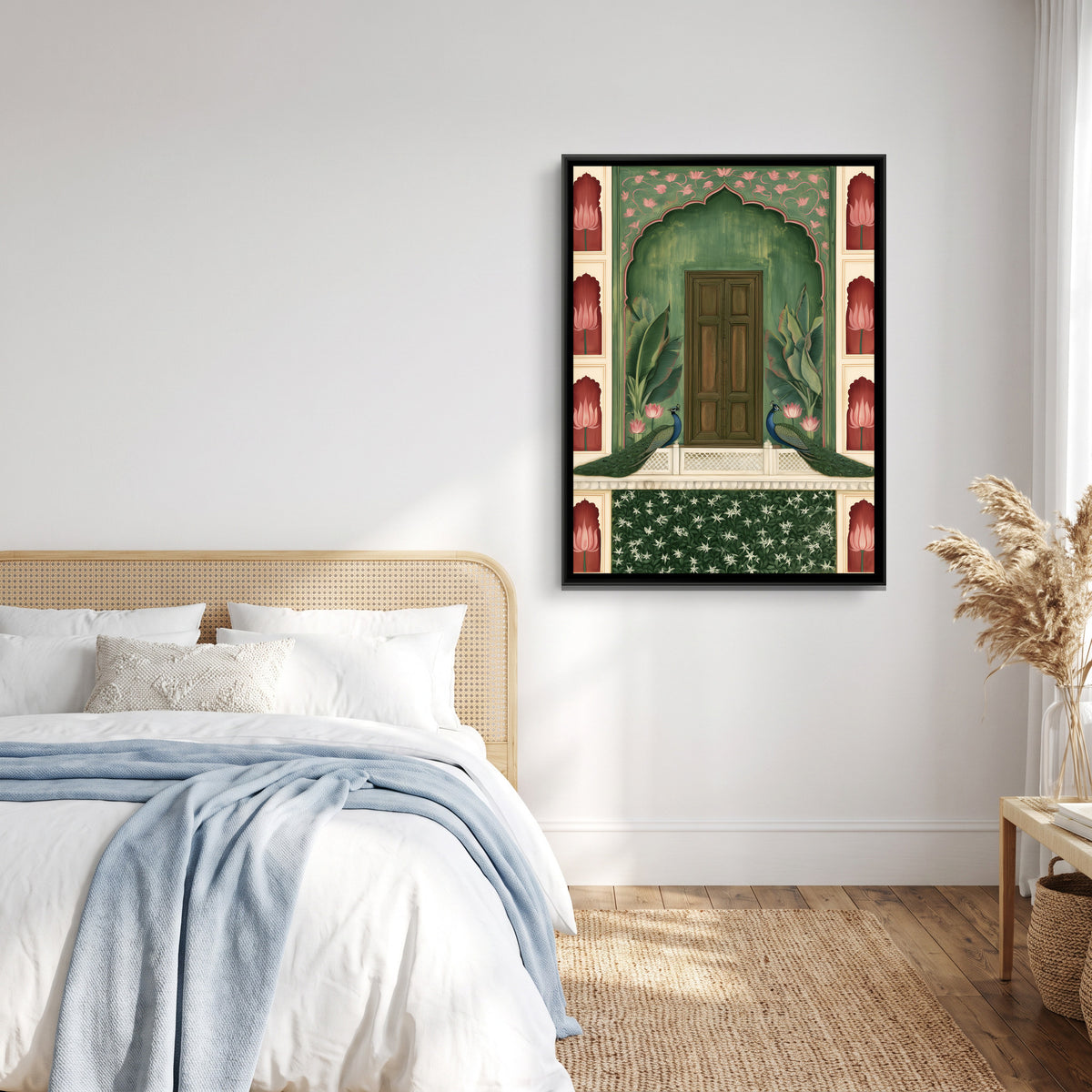 Mughal Door with Peacocks — canvas art shown in a second room setting
