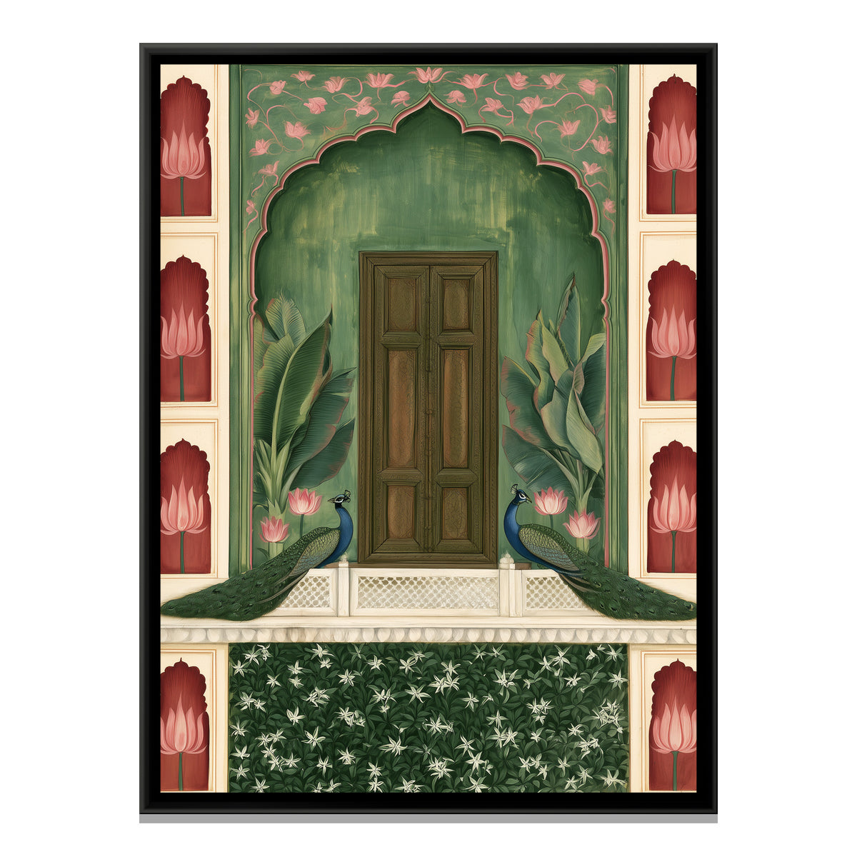 Mughal Door with Peacocks — framed canvas print, front view