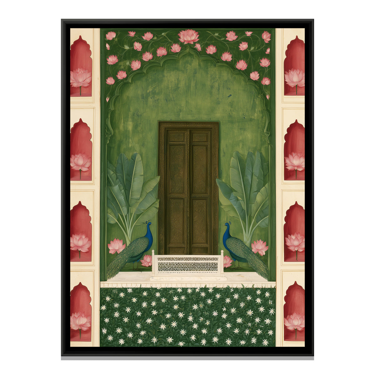 Mughal Door with Peacocks — framed canvas print, front view