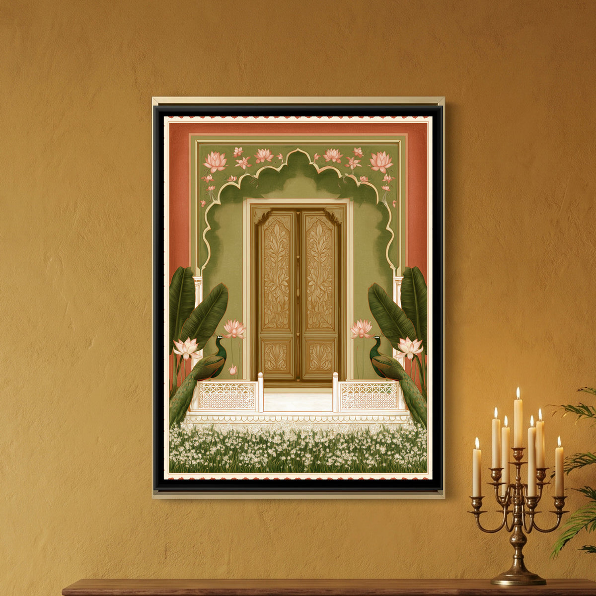 Mughal Door with Peacocks — framed canvas art hung on a wall