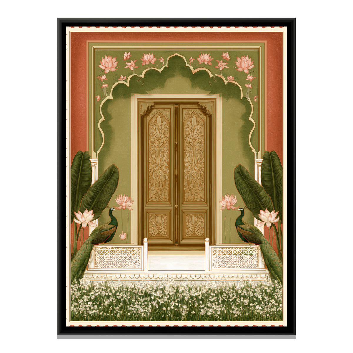 Mughal Door with Peacocks — framed canvas print, front view