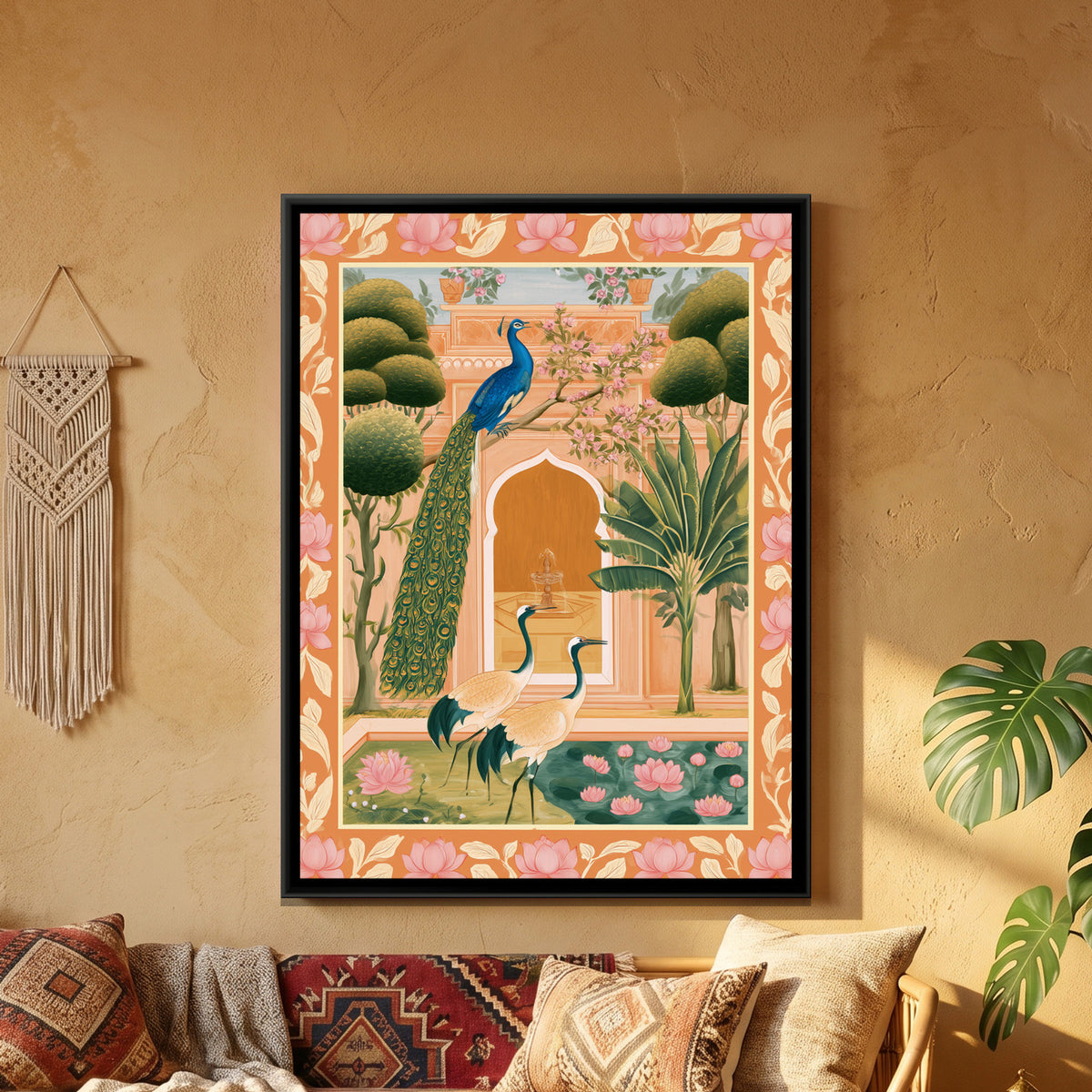 Pichwai Peacock Garden — framed canvas art hung on a wall