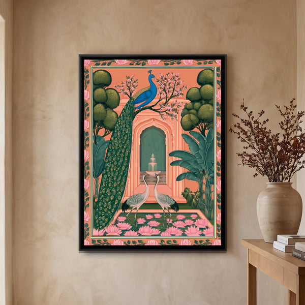 Pichwai Peacock Garden — framed canvas art hung on a wall