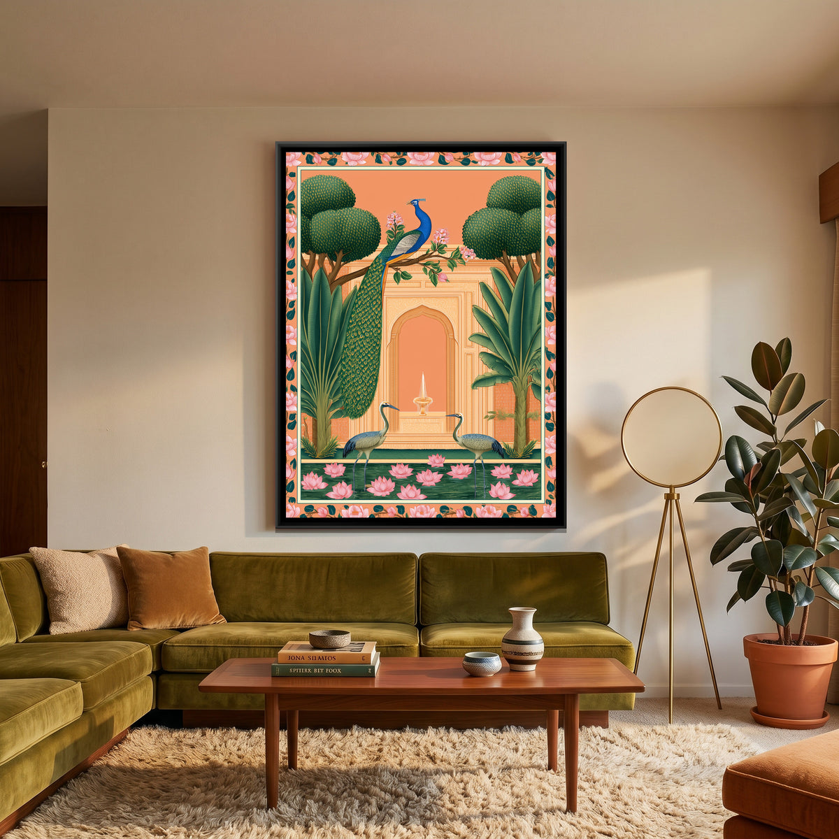 Pichwai Peacock Garden — canvas art shown in a second room setting